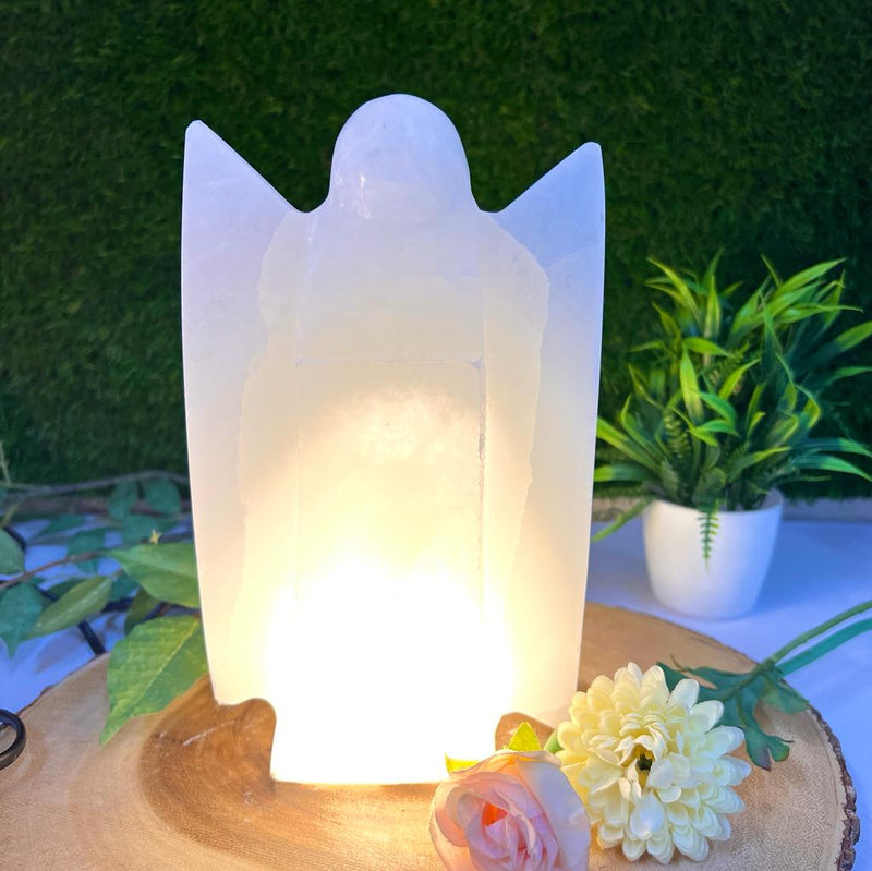 White Selenite Polished Angel Shape Lamp