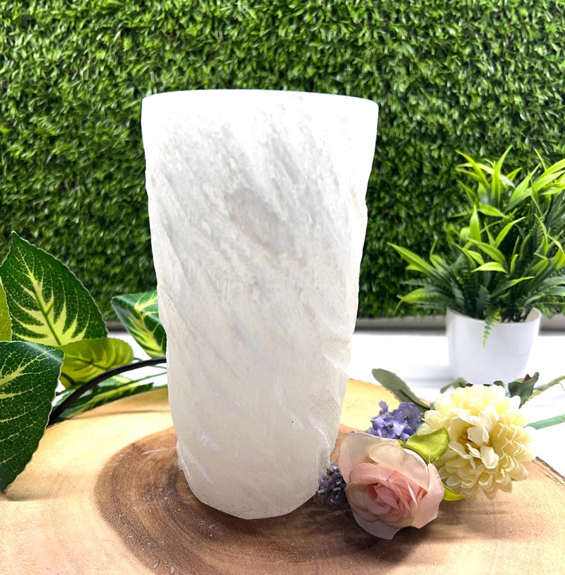 White Selenite Carved Lamp with flat Top