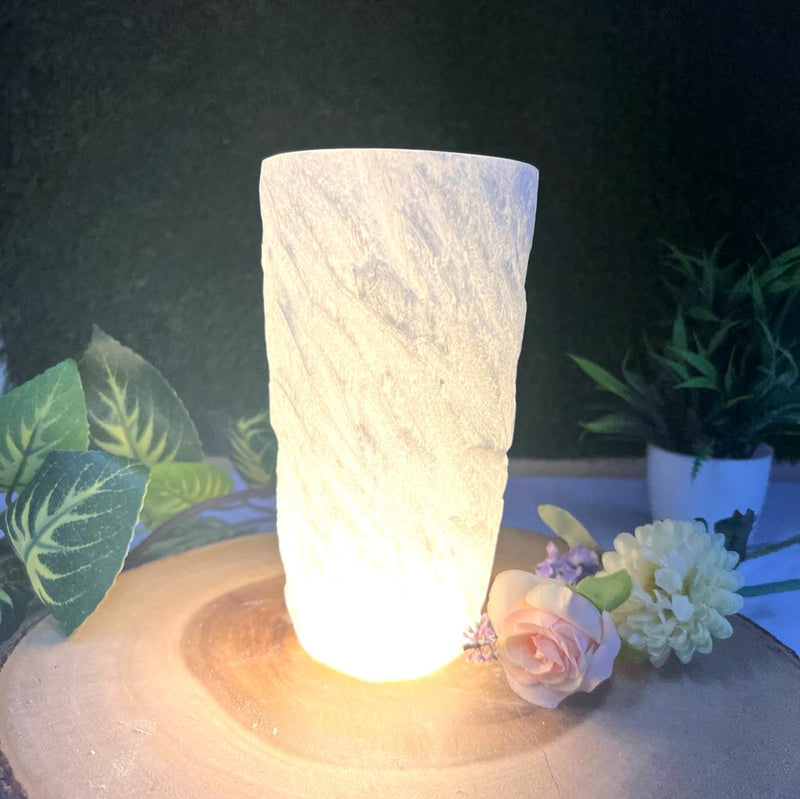 White Selenite Carved Lamp with flat Top