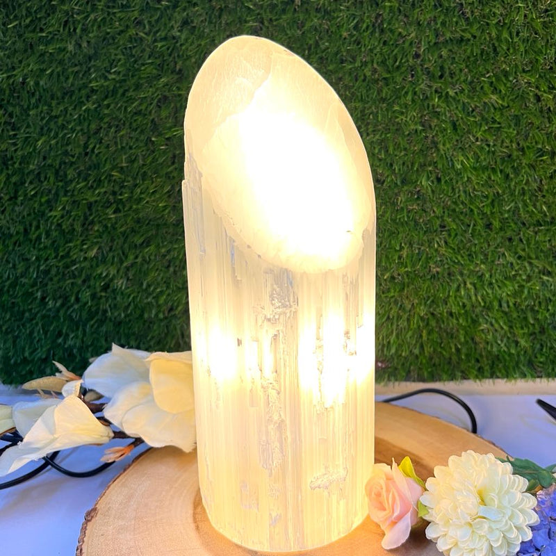 White Selenite Lamp Rough with Slant Cut Polished Top
