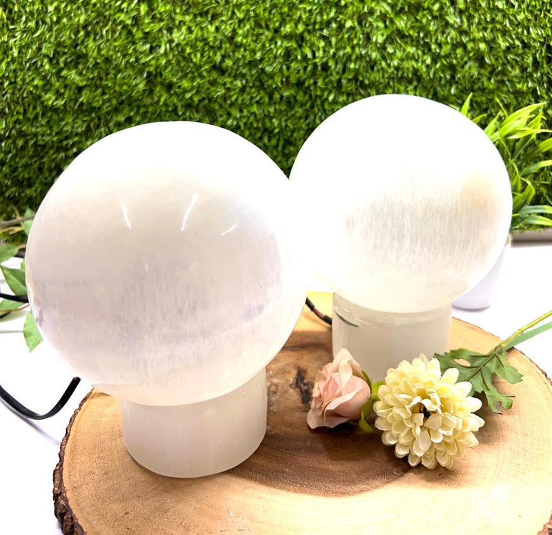 White Selenite Polished Sphere Lamp on Selenite Stand