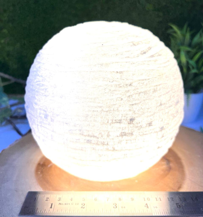 White Selenite Carved Sphere Lamp