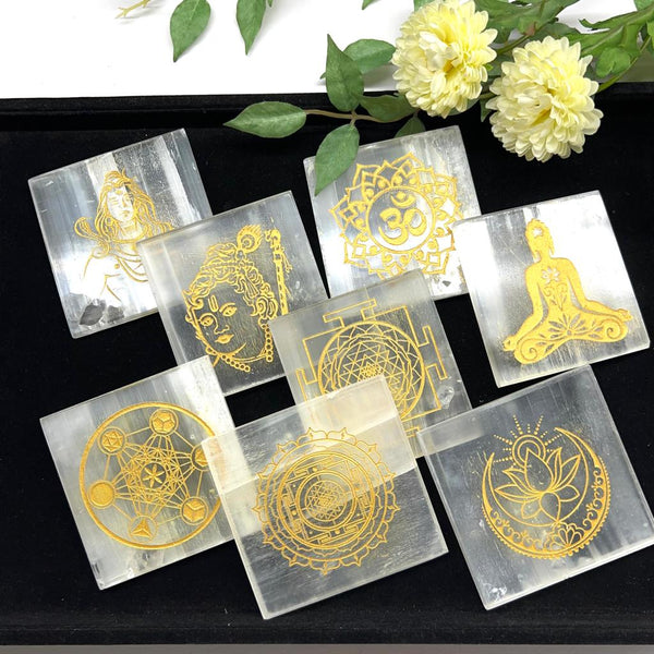 Selenite Small Square Charging Plate  with Golden Etching