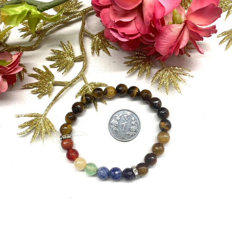 Tiger Eye with Seven Chakra Round Bead Bracelet (Confidence and Balance)
