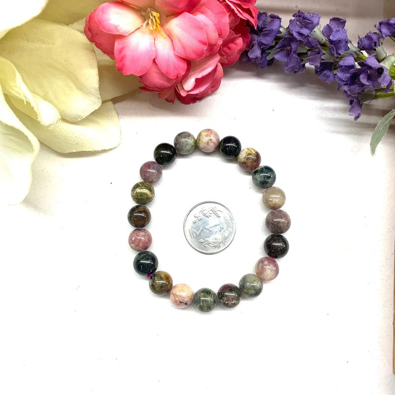 Watermelon Tourmaline Round Bead Bracelet (Soothes Emotions)